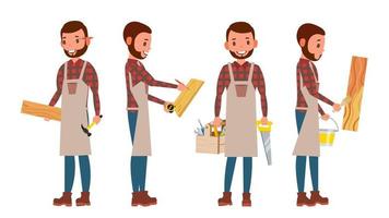 Carpenter Vector. Worker. Different Poses. Full Length. Flat Cartoon Illustration vector