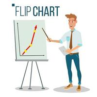 Flip Chart Seminar Concept Vector. Man Showing Presentation. Flat Cartoon Isolated Illustration. Business Info Graphic. Pie Graph, Briefcase vector