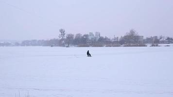 winter visvangst met een visser Aan de ijs in de werkwijze van vangen vis gedurende sneeuwval. vangen baars vis in slecht weer in de midden- van de meer video