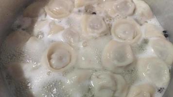 traditioneel oekraïens of Russisch knoedels. eigengemaakt culinaire concept. koken de vlees knoedels in een pan in koken water. dichtbij omhoog ravioli met zwart peperkorrels. video