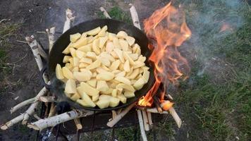 Cooking homemade fried potatoes frying pan in outdoor. Frying pieces of potatoes on a special cast iron plate. Cook simple food on open fire - concept of outdoor recreation or picnic. video