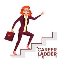 Business Woman Climbing Career Ladder Vector. Fast Growth. Stairs. Job Success Concept. Step By Step. Isolated Cartoon Illustration vector