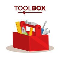 vector de caja de herramientas clásico rojo. lleno de equipo. ilustración aislada de dibujos animados plana