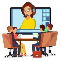 Video Meeting Online Vector. Woman And Chat. Ceo And Employees. Business Meeting, Consultation, Conference Office, Seminar, Online Training Concept. Flat Cartoon Isolated Illustration vector