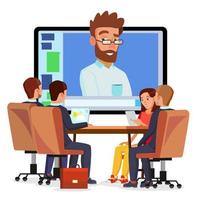 Online Video Conference Vector. Man And Chat. Director Communicates With Staff. Webinar. Business Meeting, Consultation, Seminar, Online Training Concept. Flat Cartoon Isolated Illustration vector