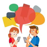 Teen Girl And Boy Messaging Vector. Communicate On Internet. Chatting On Network. Using Smartphone. Chat Bubbles. Social Media Addiction Concept Illustration vector