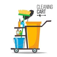 Cleaning Cart Vector. Classic Trolley Cleaning Service Cart. Broom, Bucket, Detergents, Cleaning Tools, Supplies. Yellow Plastic Janitor Cart With Shelves Isolated Illustration vector