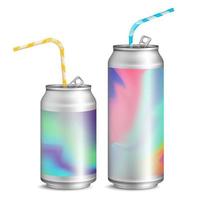 Realistic Metallic Cans Vector. Soft Drink. 3D Blank Aluminium Cans. Colorful Drinking Straws. Different Types. Good For Branding Design. 500, 300 ml. Isolated Illustration vector