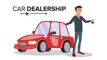 Professional Car Dealer Vector. Happy Professional Automobile Salesman. Choosing And Selling A Car. Isolated On White Cartoon Character Illustration vector