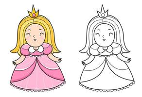 Princess coloring book with an example of coloring for children. Coloring page with a girl in a dress and with a crown. Monochrome and colour version. Vector children's illustration.