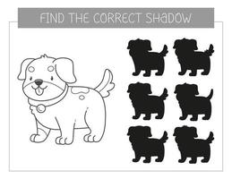 Find the correct shadow coloring book with a dog. Coloring page educational game for kids. Cute cartoon puppy. Shadow matching game. Vector illustration.