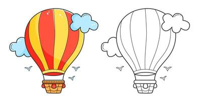 Airship coloring book with an example of coloring for children. Coloring page with airship. Monochrome and colour version. Vector children's illustration.