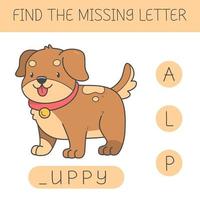 Find the missing letter is an educational game for kids with a dog. Cute cartoon puppy. Practicing English alphabet. Vector illustration.