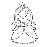Princess coloring book for kids. Coloring page with a girl princess in a dress and with a crown. Monochrome black and white illustration. Vector children's illustration.