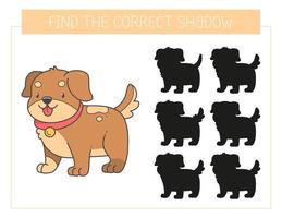 encuentra el juego de sombras correcto con un perro. juego educativo para niños. lindo cachorro de dibujos animados. juego de combinación de sombras. ilustración vectorial vector