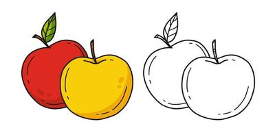 Yellow and red apples coloring book with an example of coloring for children. Coloring page with a pair of apples. Monochrome and color version. Vector children's illustration.