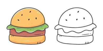 Burger coloring book with an example of coloring for children. Coloring page with food. Monochrome and color version. Vector children's illustration.