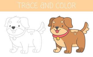 Trace and colour coloring book with a dog for kids. Coloring page with a cute cartoon puppy. Vector illustration.