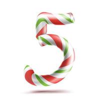 5, vector número cinco. signo de número 3d. figura 5 en colores navideños. rayas rojas, blancas, verdes. Bastón de caramelo duro de menta de Navidad clásico. diseño de año nuevo. aislado en blanco ilustración