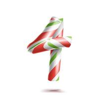 4, vector número cuatro. signo de número 3d. figura 4 en colores navideños. rayas rojas, blancas, verdes. Bastón de caramelo duro de menta de Navidad clásico. diseño de año nuevo. aislado en blanco ilustración
