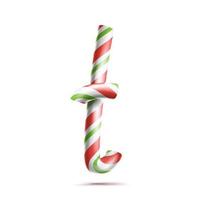 Letter T Vector. 3D Realistic Candy Cane Alphabet Symbol In Christmas Colours. New Year Letter Textured With Red, White. Typography Template. Striped Craft Isolated Object. Xmas Art Illustration vector