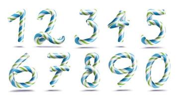 Numbers Sign Set Vector. 3D Numerals. Figures 1, 2, 3, 4, 5, 6, 7, 8, 9, 0. Christmas Colours. Blue, Green Striped. Classic Xmas Mint Hard Candy Cane. New Year Design. Isolated On White Illustration vector