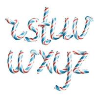 letras r, s, t, u, v, w, x, y, z. vector. Símbolo de alfabeto de bastón de caramelo realista 3d en color navideño carta de año nuevo texturizado con rojo, azul. objeto aislado de artesanía tipográfica. ilustración de arte de navidad vector