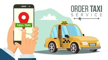 reserva de taxi a través del vector de aplicación móvil. mano que sostiene el teléfono inteligente. servicio de pedido de taxis. pedido de taxi móvil en línea. llamar por teléfono ilustración plana
