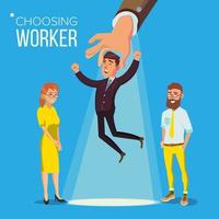 Choosing Worker Vector. Smiling Business Man In Suit. Standing Office Workers. Person For Hiring. Hand Choose Happy Employee. Having A Job Interview With HR. Job And Staff, Human And Recruitment. Flat vector