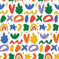 Bright childish colorful seamless pattern with simple organic shapes. Vector background with spots, blobs on white backdrop. Random liquid modern trendy rainbow abstract wallpaper