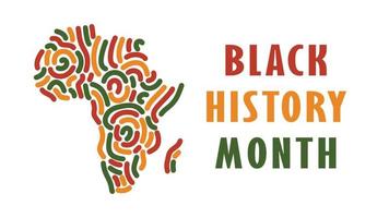 Black History Month banner  with Africa map, decorative silhouette symbol of African continent with abstract lines ornament pattern in color of Pan African flag - red, yellow, green. Vector Greeting