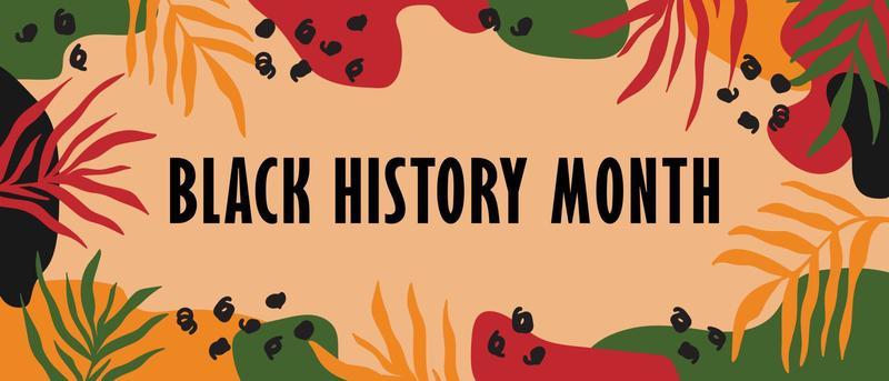 Black History Month abstract bright colorful horizontal long banner design with random organic shapes, palm leaves. Vector template for African American heritage Celebration in USA
