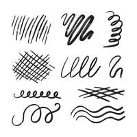 Set of different hand drawn black ink textured lines, swirls, scribbles, borders. Vector design elements collection isolated on white background. waves, straight lines, net