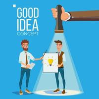 Good Idea Vector Concept. Smiling Office Workers. Standing. Flashlight Pointing Clerk With Good Idea. Business Meeting. Teamwork. Brainstorming Or Presentation Of The Project. Flat Illustration