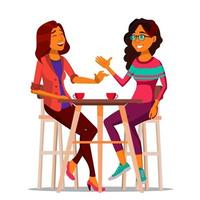 Two Woman Friends Drinking Coffee Vector. Best Friends In Cafe. Sitting Together In Restaurant. Communication, Laughter. Isolated Cartoon Illustration vector