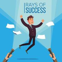 Happy Manager, Businessman Vector. Jumping On The Workplace. Rays Of Success Concept. Flashlight And Hand. Flat Illustration vector