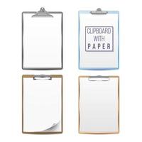 Realistic Clipboards Set Vector. Mock up For Your Design. Paper A4 Size. Isolated On White Background. Top View. Illustration vector