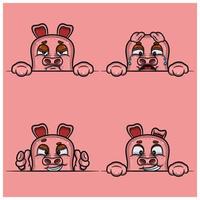 Set of expression pig face cartoon. Bored, crying, smug and happy face expression. With simple gradient. vector