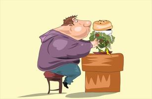 Fat obese man eating fast food, bad habit vector Illustration