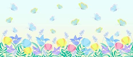 Vector floral pattern with bright wildflowers and flying butterflies. On a soft blue background with a gradient. Panoramic horizontal illustration. Floral background in a fabulous style