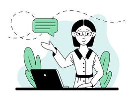 Vector illustration in line style, a character, an online teacher with glasses at a table with a laptop.