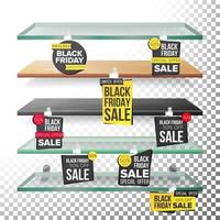 Supermarket Shelves, Black Friday Sale Advertising Wobblers Vector. Retail Sticker Concept. Black Friday Best Offer. Discount Sticker. Sale Banners. Isolated Illustration vector