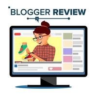 Blogger Review Concept Vetor. Popular Young Video Streamer Blogger Girl, Woman. Fashion Blog. Live Broadcast. Online Channel. Isolated Flat Cartoon Illustration vector