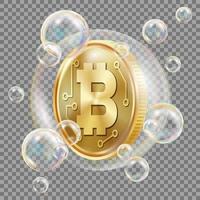 bitcoin en vector de burbujas de jabón. riesgo de inversión. dinero digital de caída de bitcoin. mercado de criptomonedas. ilustración aislada realista