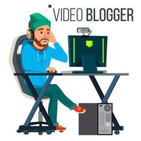 hombre video blogger vector. banner de transmisión de juegos. concepto de blogs. vídeo transmitido en vivo. videojuego de estrategia. ilustración vectorial plana vector