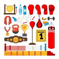Conjunto de herramientas de equipo de boxeo vector. accesorios de caja. boxeador, anillo, cinturón, sacos de boxeo, guantes rojos, casco. ilustración de dibujos animados plana aislada vector