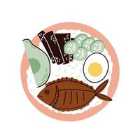 rice with fried fish, cucumbers and egg. hand drawn vector illustration in flat style