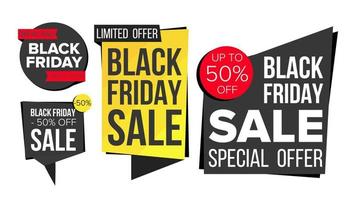 Black Friday Sale Banner Set Vector. Discount Tag, Special Friday Offer Banners. Discount And Promotion. Half Price Black Stickers. Isolated Illustration vector
