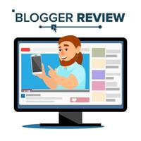 vector de concepto de revisión de blogger. el popular bloguero prueba funcional con un nuevo teléfono inteligente. canal en línea contenido de vídeo ilustración de dibujos animados plana aislada