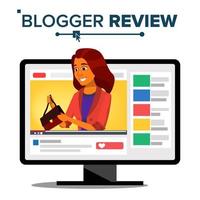 Blogger Review Concept Vector. Fashion Video Blog Channel. Girl Popular Video Streamer Blogger. Online Live Broadcast. In Web Interface. Cartoon Illustration vector